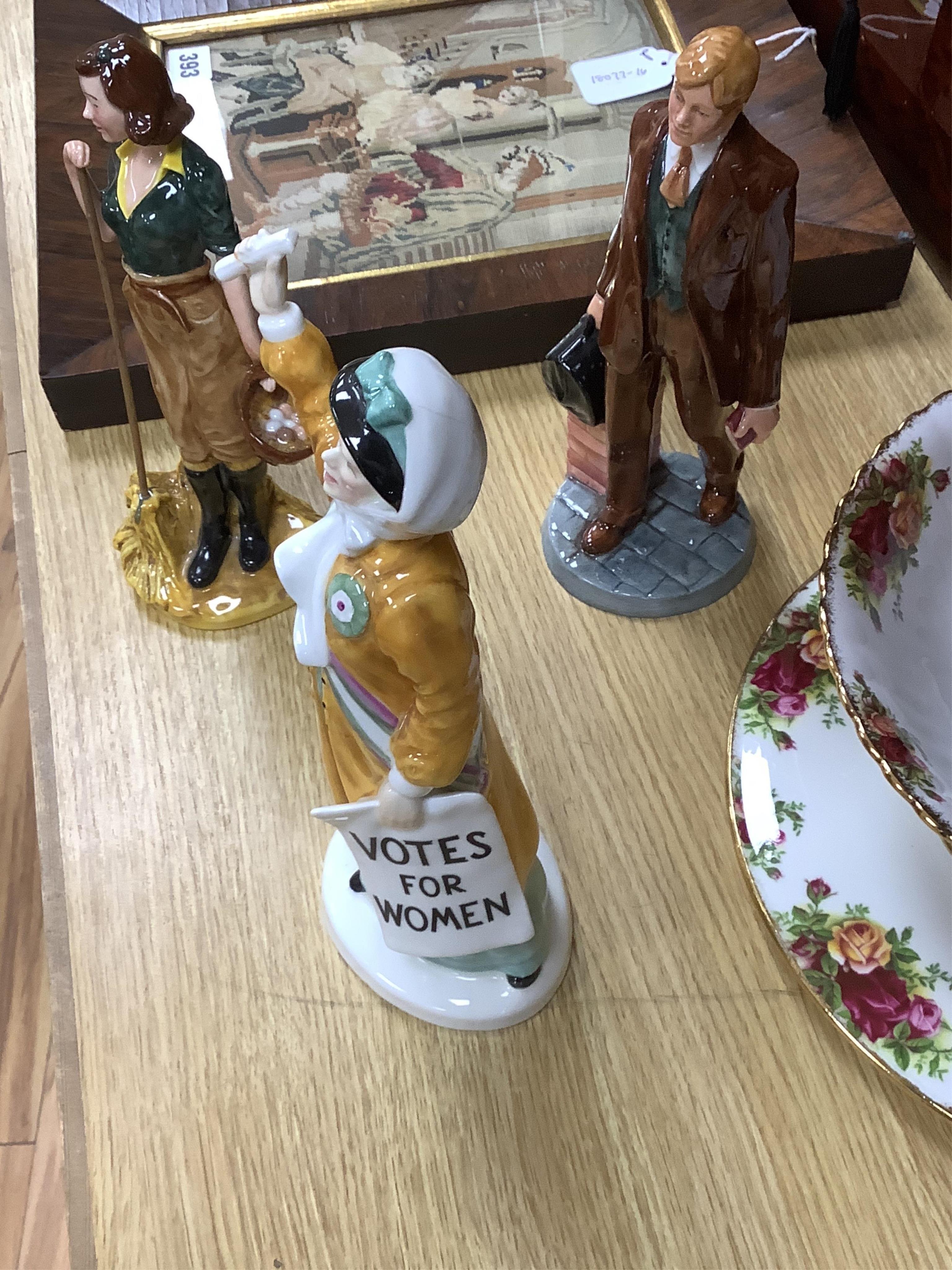 A collection of Royal Doulton figures to include The Old Balloon Seller, Doctor, Votes for Women and The Detective